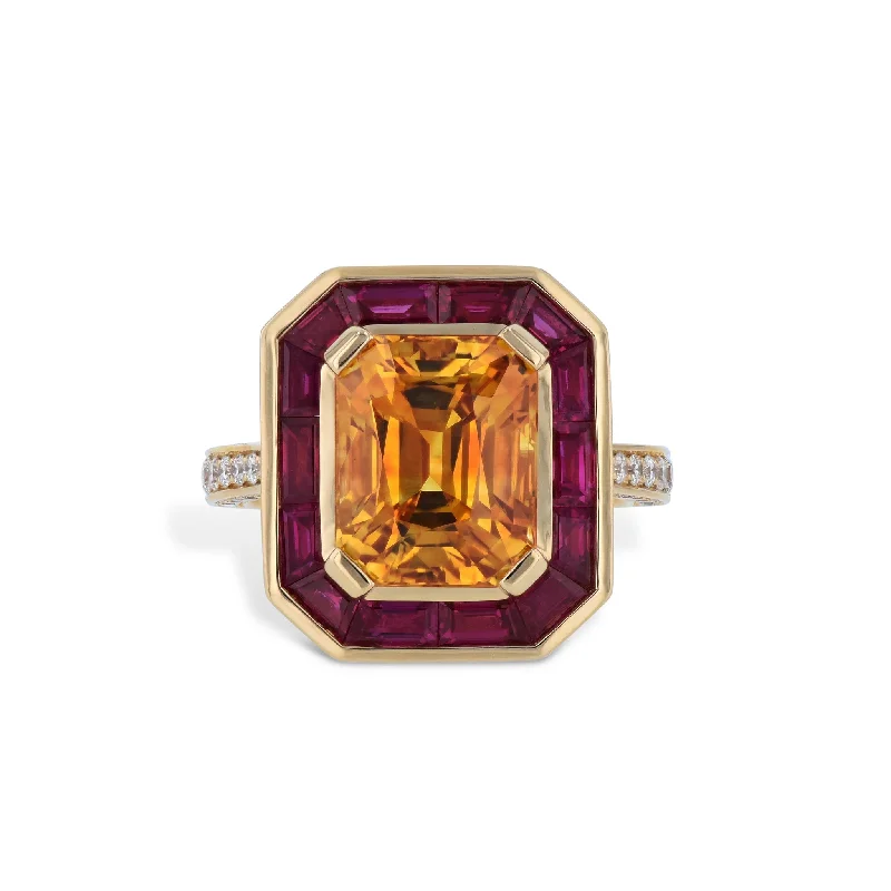 women’s classic engagement rings-Yellow Sapphire Ruby Diamond 18K Yellow Gold Ring