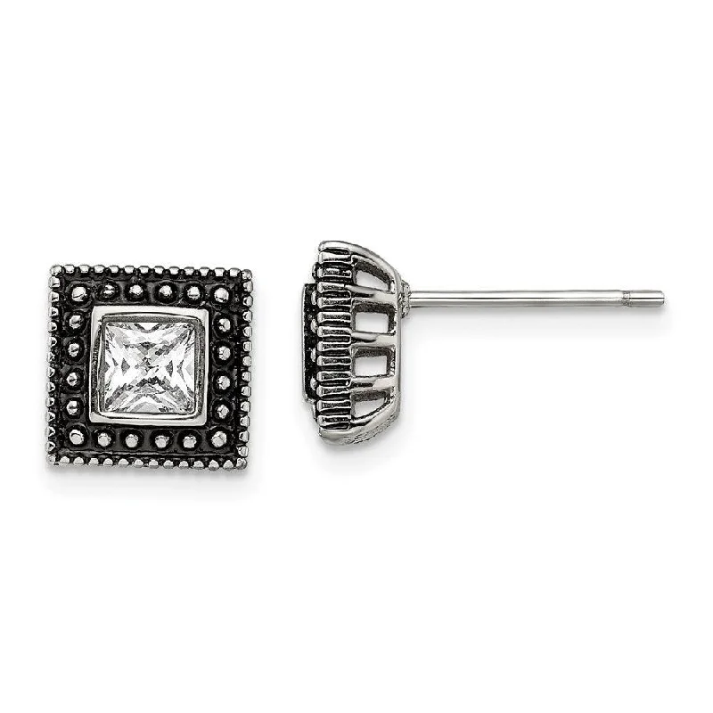 women’s vintage stud earrings-Stainless Steel Square CZ Antiqued Post Earrings