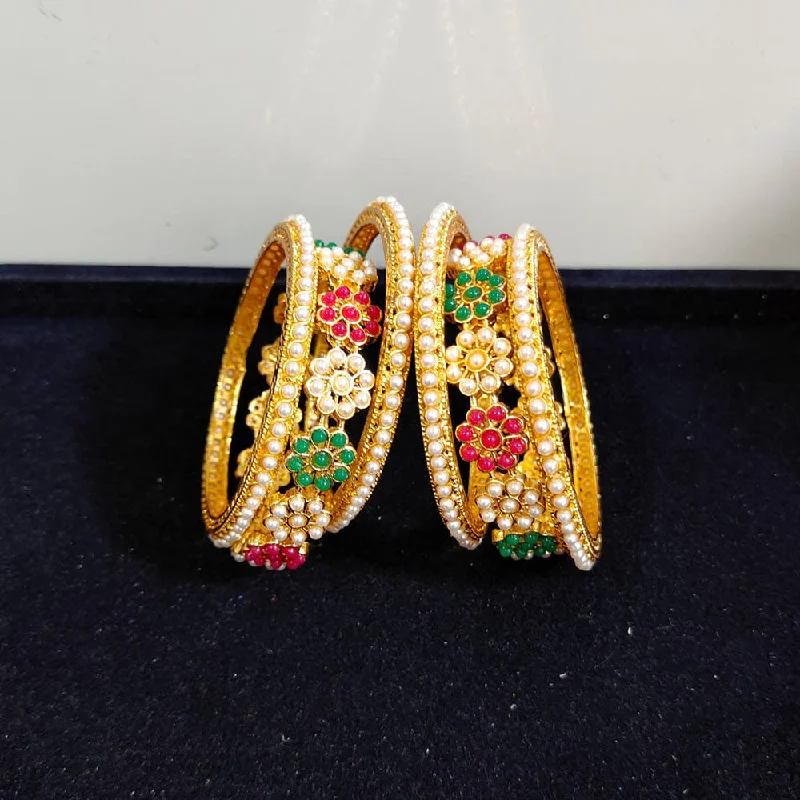 women’s diamond bangles-Pooja Bangles Gold Plated Crystal Stone And Pearls Bangles Set