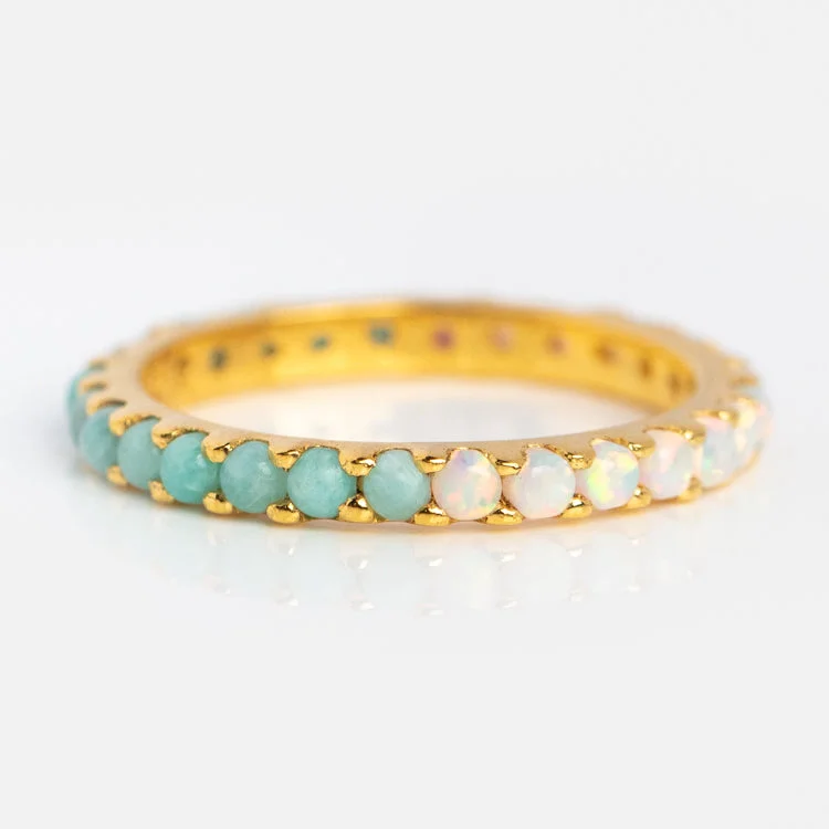 women’s ruby gemstone rings-Indecisive Opal and Amazonite Eternity Band