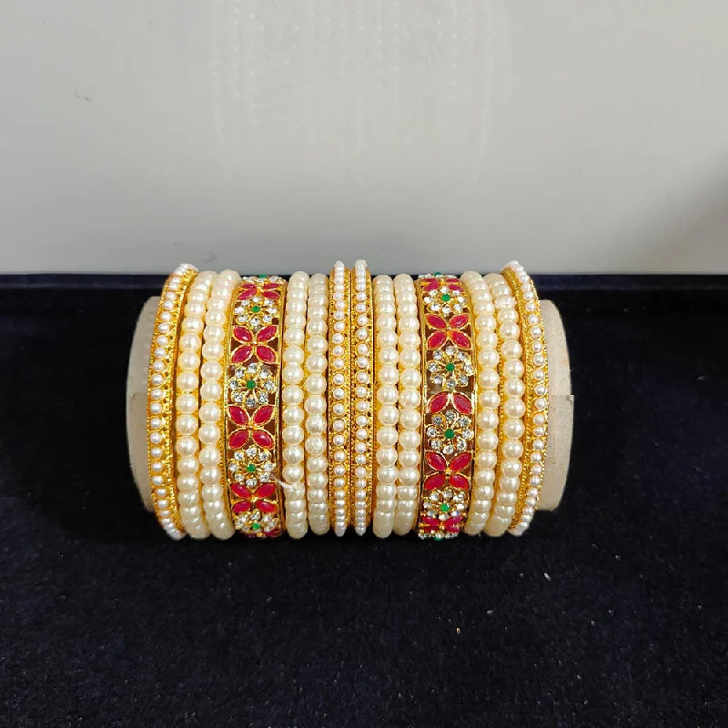 women’s fashion bangles-Pooja Bangles Gold Plated Crystal Stone And Pearls Bangles Set