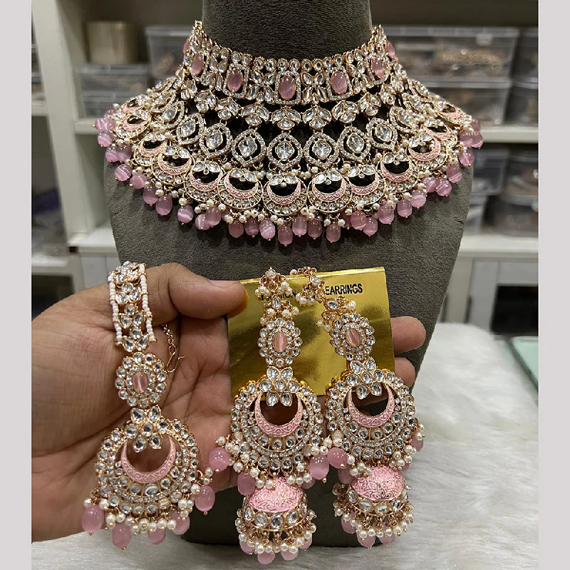 women’s silver necklaces-Hira Collections Gold Plated Kundan Stone And Pearls Meenakari Choker Necklace Set