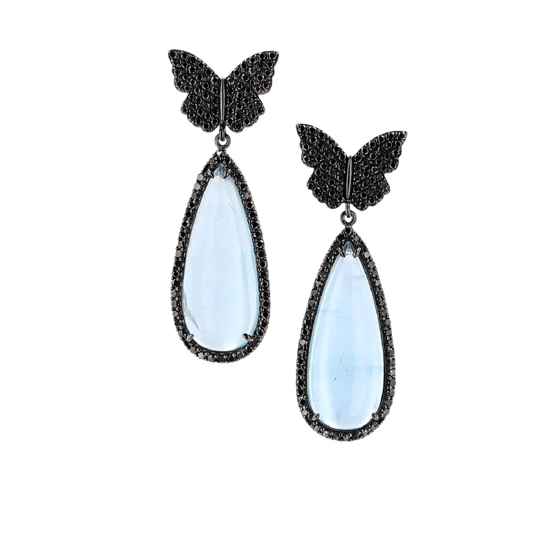 women’s ear cuffs-Black Diamond Butterfly and Aquamarine Drop Earrings SEB00006