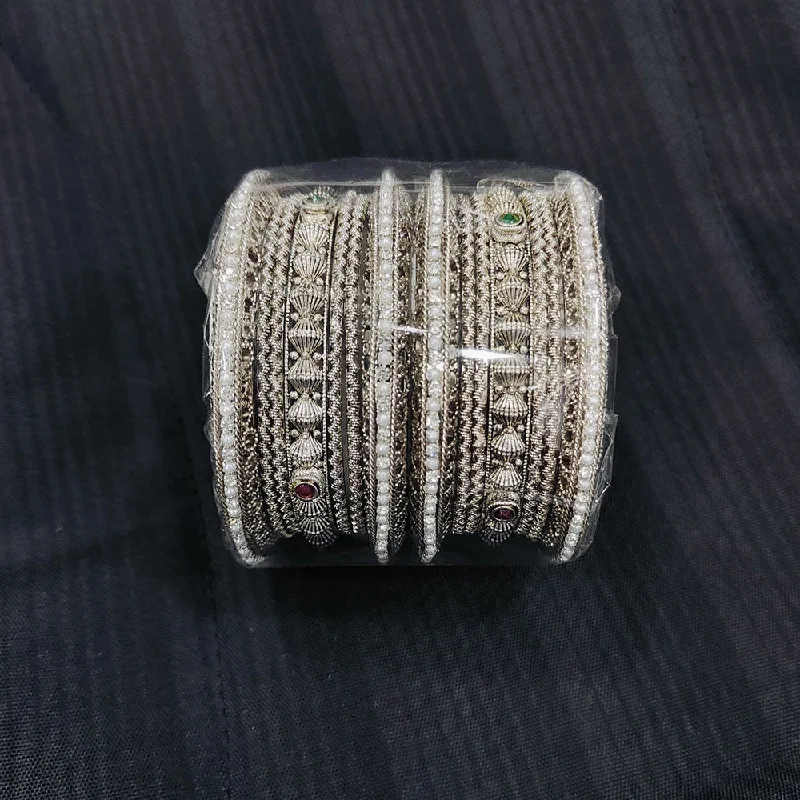 women’s large bangles-Pooja Bangles Oxidised Plated Pota Stone And Pearls Bangles Set