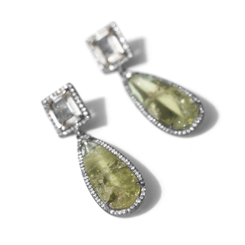 women’s sterling silver studs-Rutilated Golden Quartz & Yellow Beryl Teardrop Diamond Earrings  SE000028