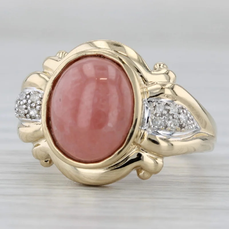 women’s halo engagement rings-Red Rhodochrosite Cabochon Diamond Ring 14k Yellow Gold Size 9.25