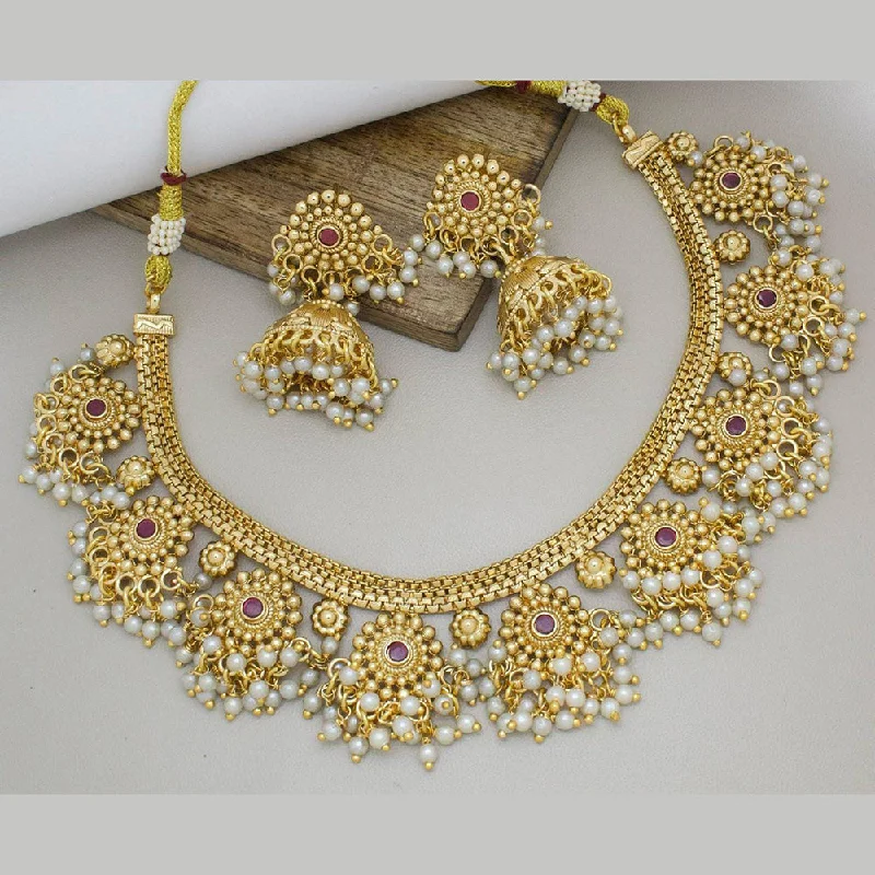 women’s vintage necklaces-Manisha Jewellery Gold Plated Pota Stone And Pearls Necklace Set