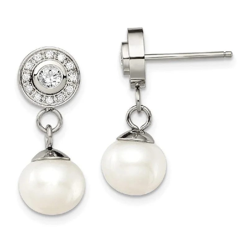 women’s large statement earrings-Stainless Steel Polished CZ and FWC Pearl Dangle Earrings