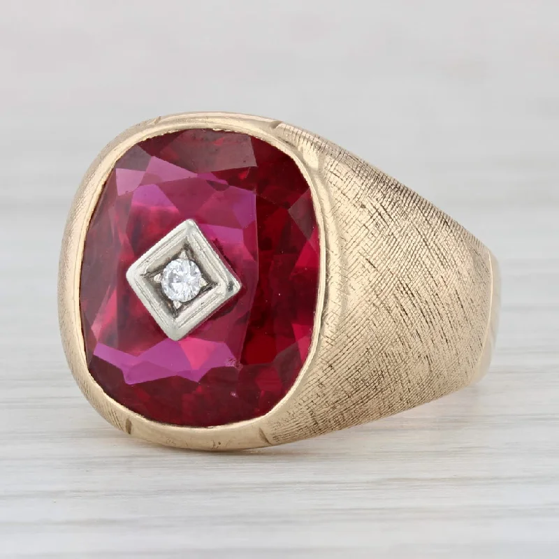 women’s unique solitaire engagement rings-Lab Created Ruby Diamond Ring 10k Gold Vintage Men's Signet Size 10.5