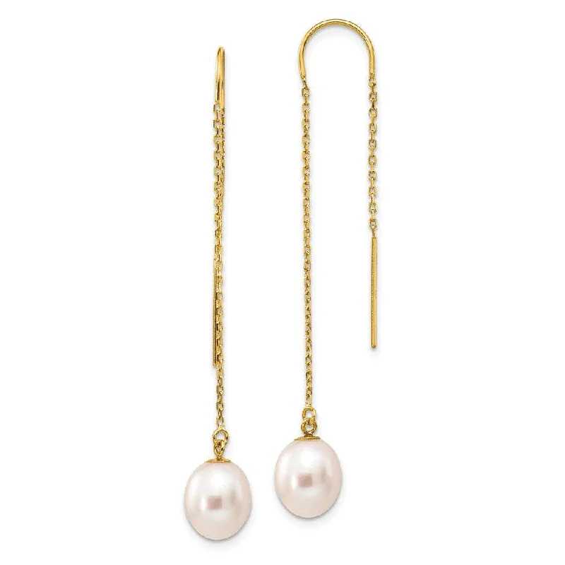 women’s elegant diamond earrings-14k 7-8mm White Rice Freshwater Cultured Pearl Dangle Threader Earrings