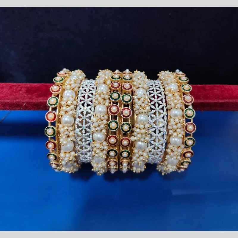 women’s wedding bracelets-Pooja Bangles  Austrian Stone And  Pearls Bangle  Set