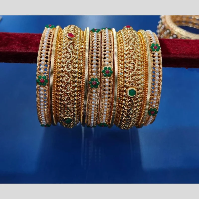 women’s silver bangle bracelets-Pooja Bangles Gold Plated  Pota Stone And  Pearls Bangle  Set