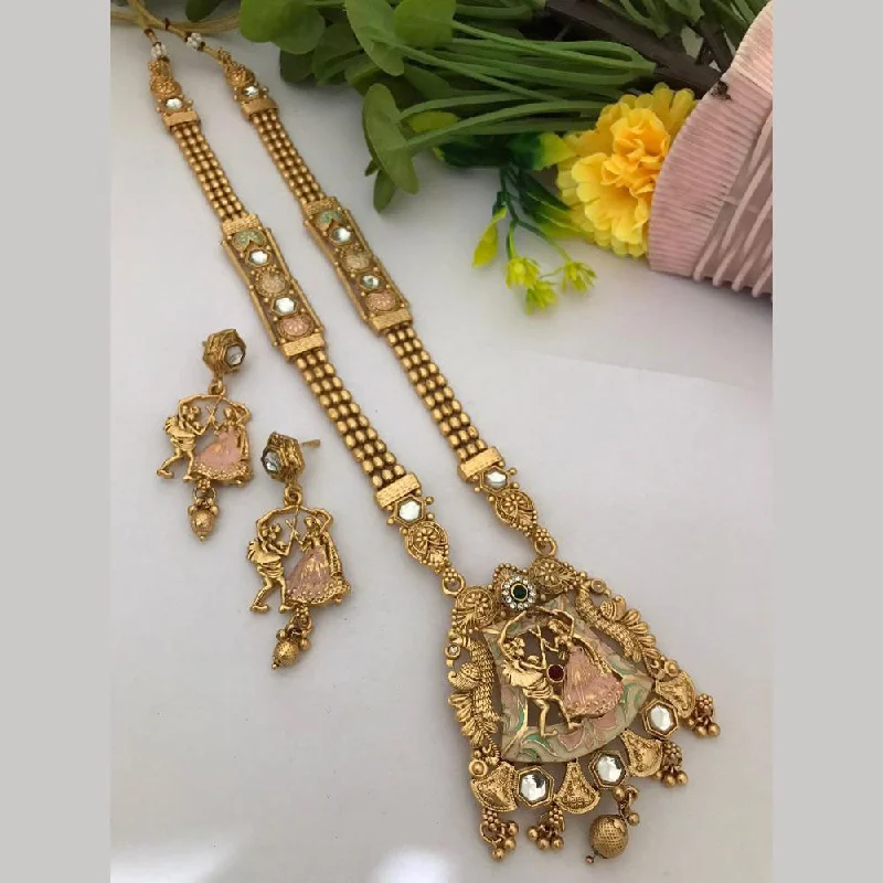 women’s statement necklaces-FS Collection Gold Plated Pota Stone Meenakari Necklace Set