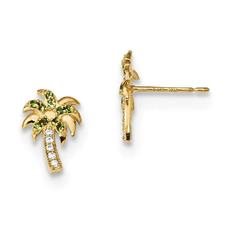 women’s statement earrings-Madi K Kid's 14k  Green & Clear CZ Palm Tree Post Earrings