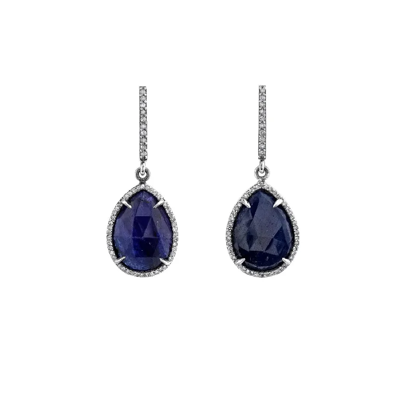 women’s gemstone earrings-Diamond Halo Sapphire Teardrop Earrings  E0000141