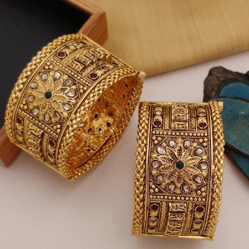 women’s black bangles-FS Collection Gold Plated Pota Stone Openable Bangle Set