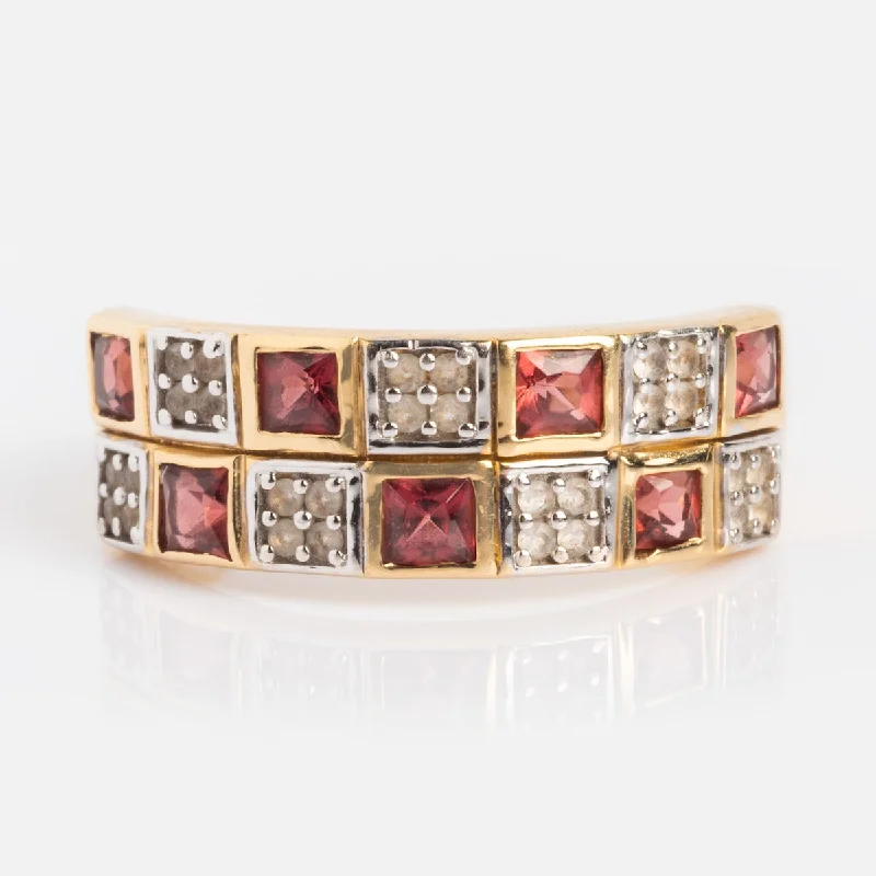 women’s round diamond rings-Solid Gold Garnet and Topaz Checkerboard Band