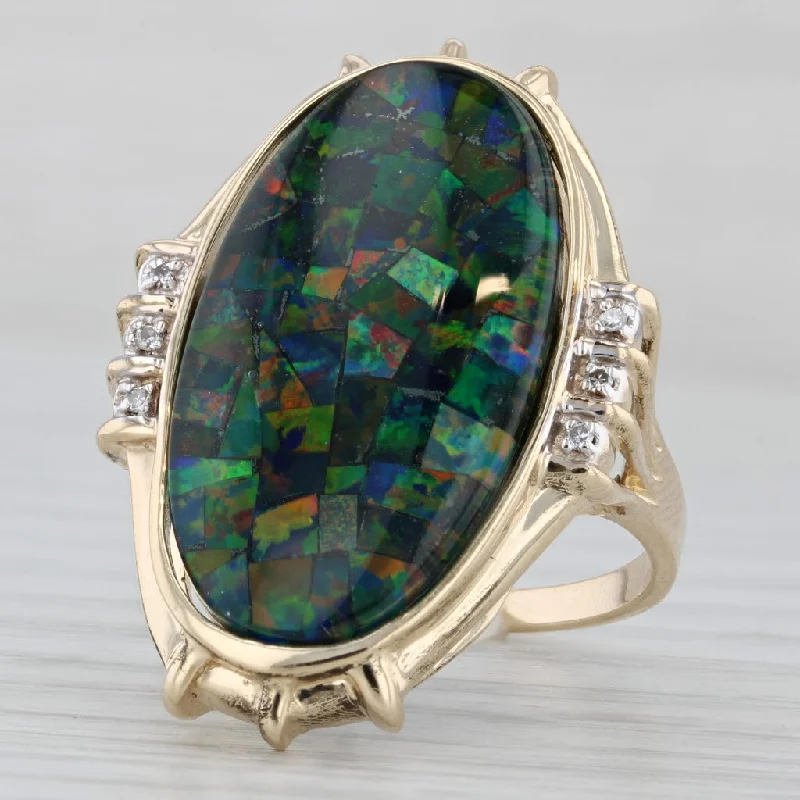 women’s white sapphire engagement rings-Colorful Mosaic Opal Triplet Diamond Ring 14k Yellow Gold Cocktail Statement Size 9