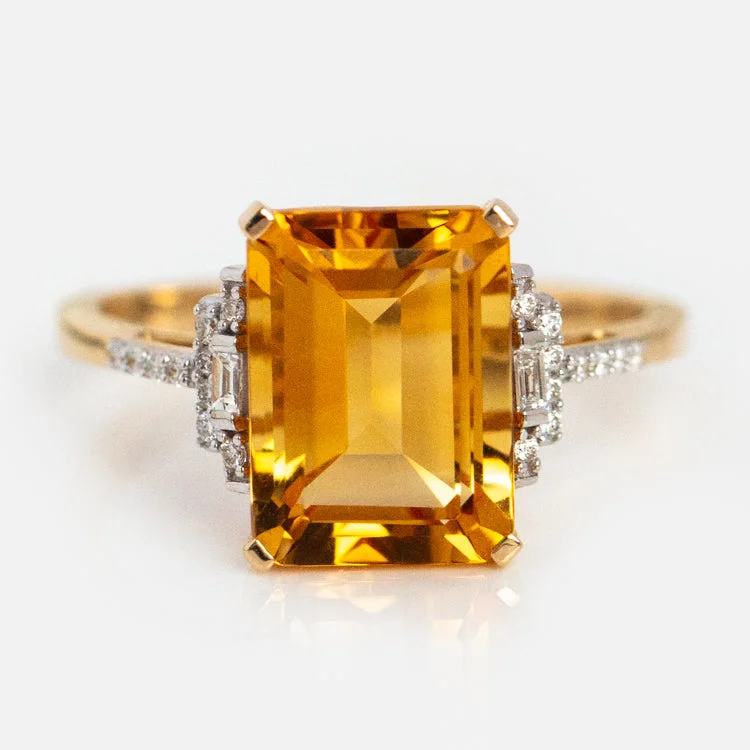 women’s personalized rings-14k Solid Gold Citrine and Diamond Deco Ring