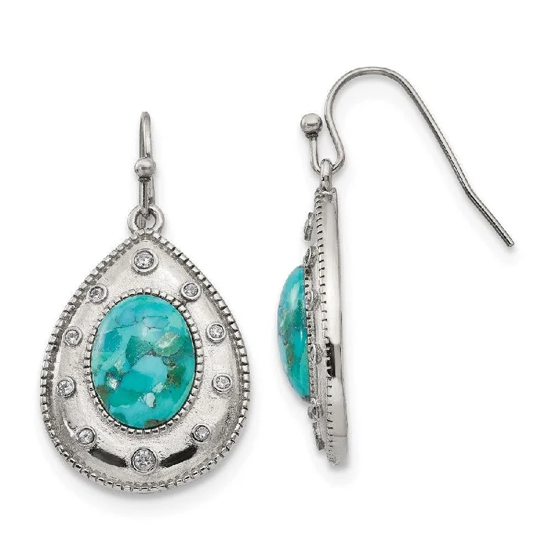 women’s minimalist earrings-Stainless Steel Polished Imitation Turquoise and CZ Shepherd Hook Earrings