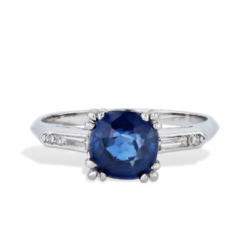 women’s personalized rings-Cushion Cut Blue Sapphire and Diamond Platinum Ring