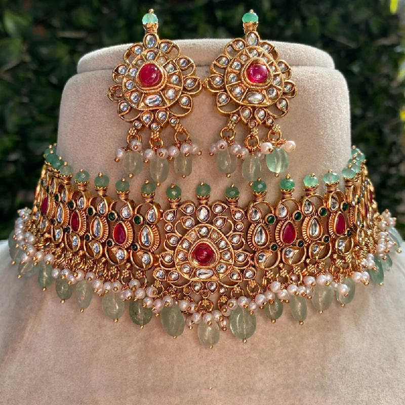 women’s romantic necklaces-Royal Kundan Jewellery Gold Plated Kundan Stone And Pearls Choker Necklace Set