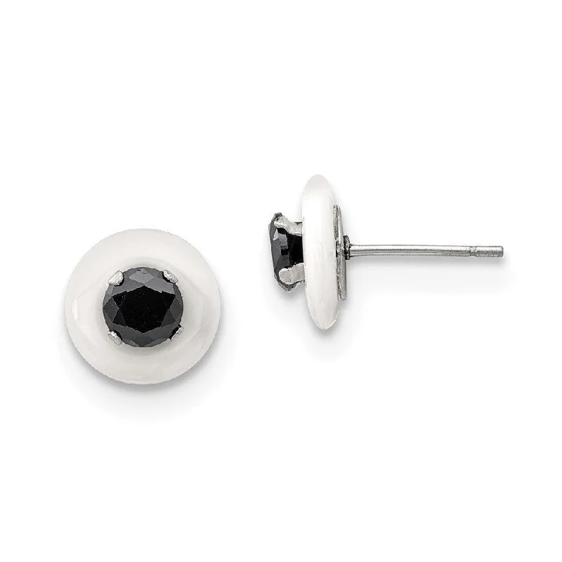 women’s vintage stud earrings-Stainless Steel Polished White Ceramic w/Black CZ Post Earrings