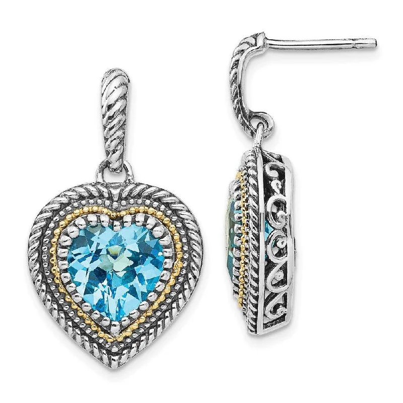 women’s elegant gold earrings-Sterling Silver w/14k Lt Swiss Blue Topaz Heart Dangle Post Earrings