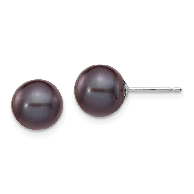 women’s gold stud earrings-14k White Gold 8-9mm Black Round FW Cultured Pearl Stud Post Earrings