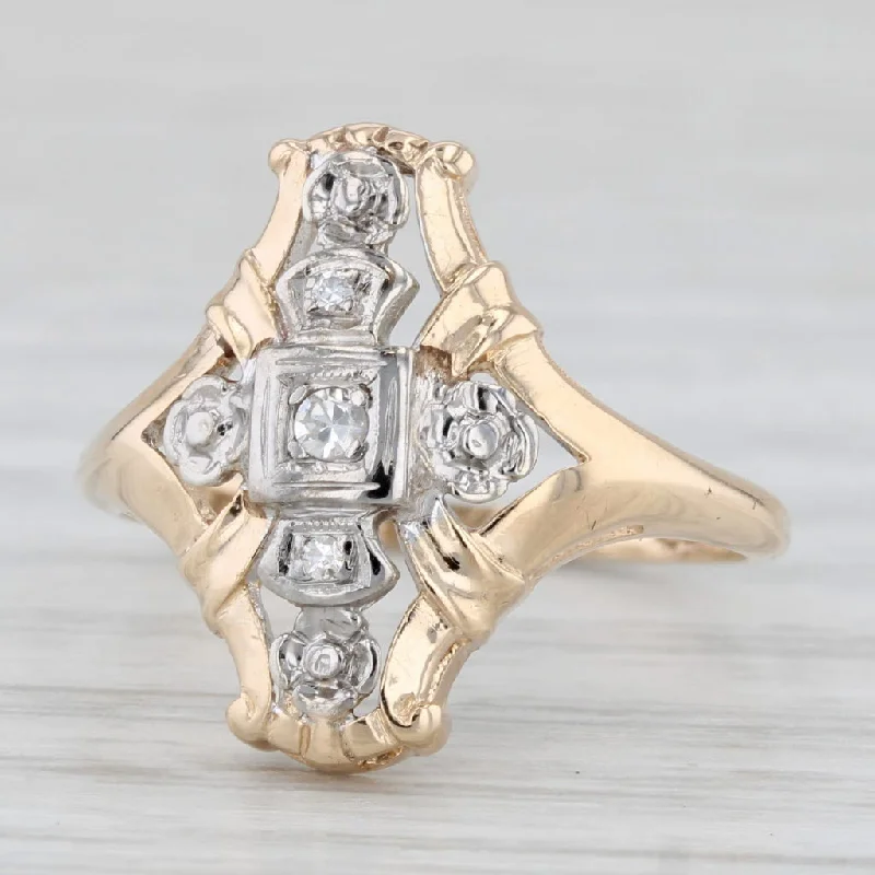 women’s cushion cut engagement rings-Vintage Ornate Diamond Ring 14k White Yellow Gold Size 6.5