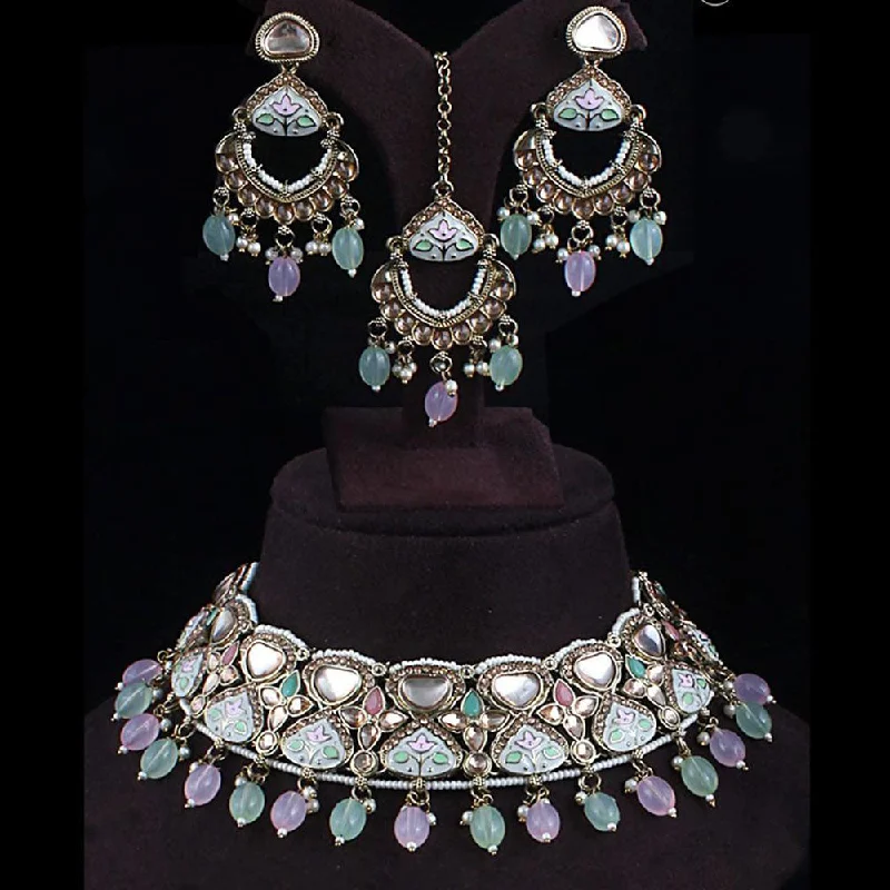 women’s sapphire and diamond necklaces-Rudraksh Art Gold Plated Kundan Stone And Beads Meenakari Choker Necklace Set