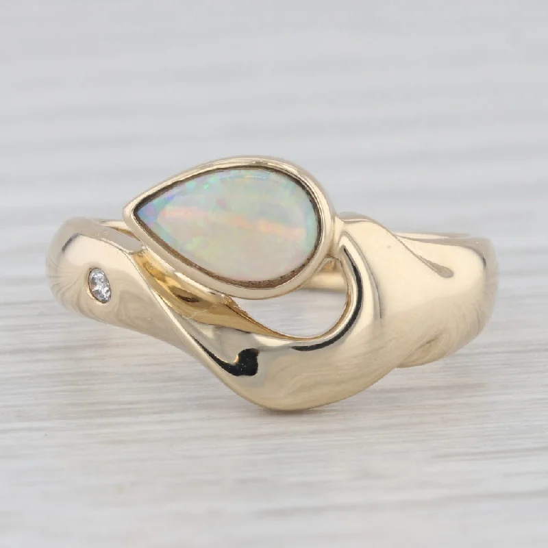 women’s sapphire engagement rings-Opal Diamond Ring 14k Yellow Gold Size 6.75-7 Pear Cabochon Solitaire