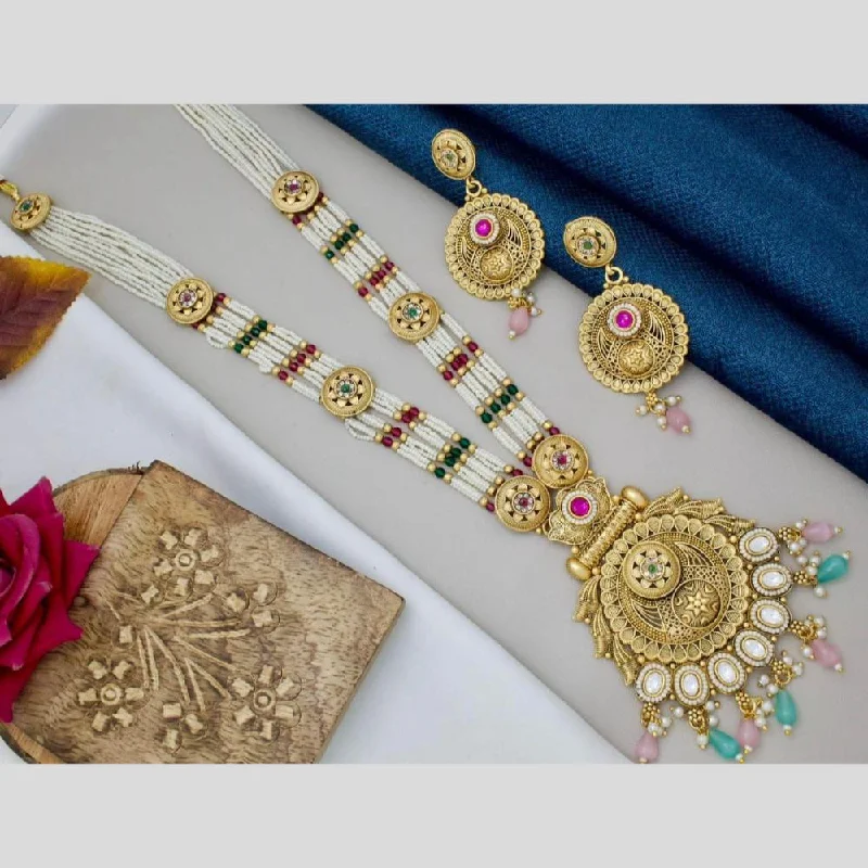 women’s anniversary necklaces-Manisha Jewellery Gold Plated Kundan Stone And Beads Long Necklace Set