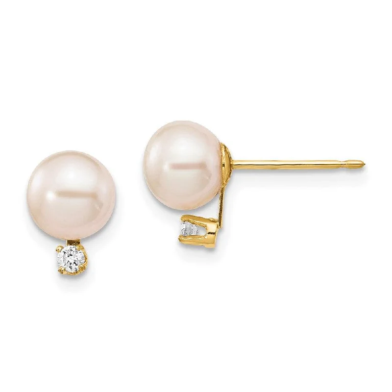 women’s bridal earrings-14k 6-7mm White Round Freshwater Cultured Pearl .06ct Diamond Post Earrings