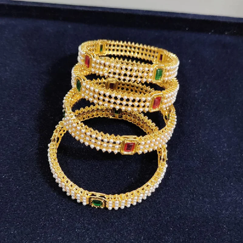 women’s stretch bracelets-Pooja Bangles Gold Plated Crystal Stone And Pearls Bangles Set