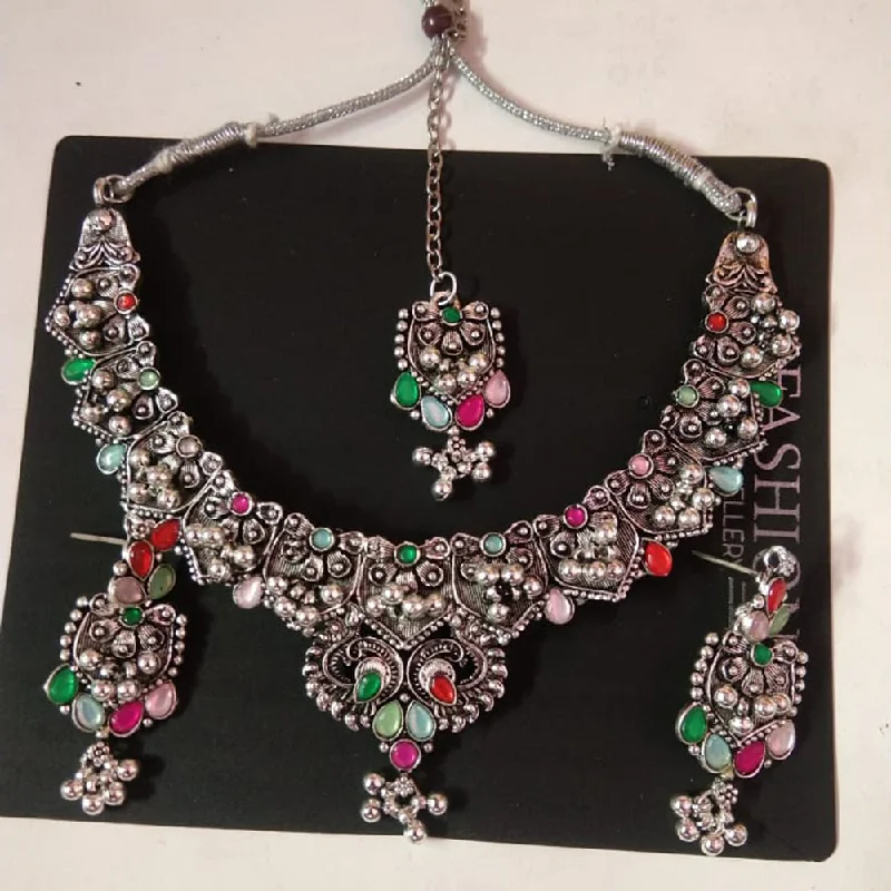 women’s silver necklaces-Sanjana Jewels Oxidised Plated Kundan Stone Necklace Set