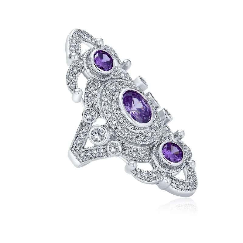 women’s silver wedding rings-Vintage Style Filigree Purple Cubic Zirconia Cocktail Statement Ring Silver Plated