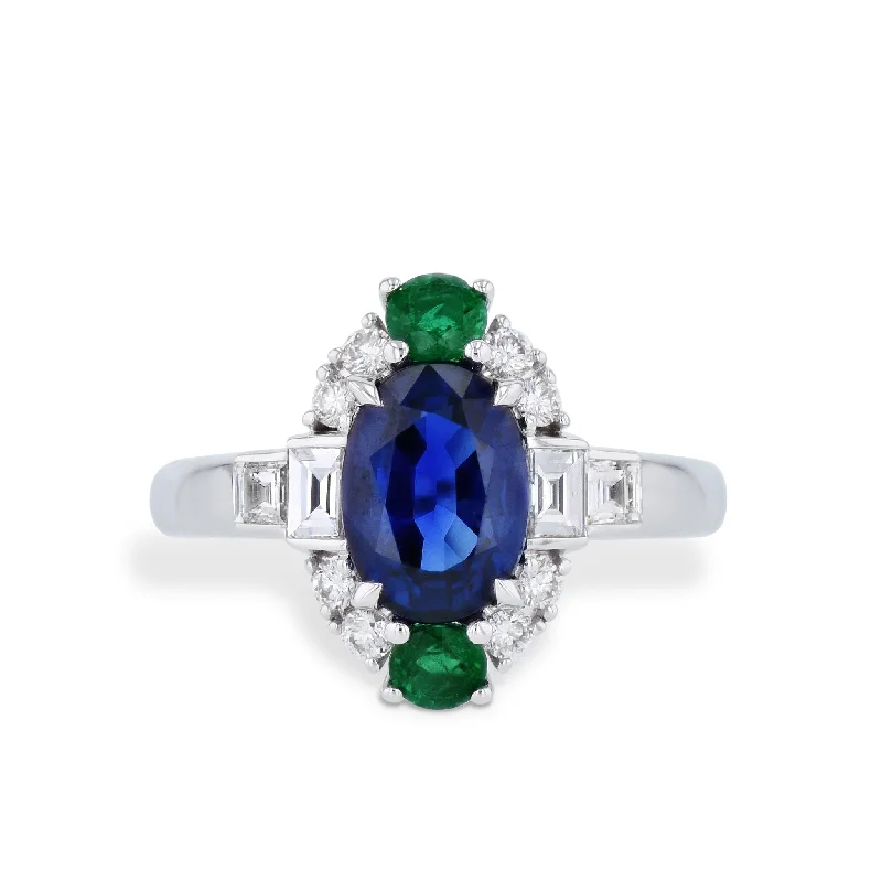 women’s fashion engagement rings-Sapphire Diamond and Emerald 18K White Gold Ring