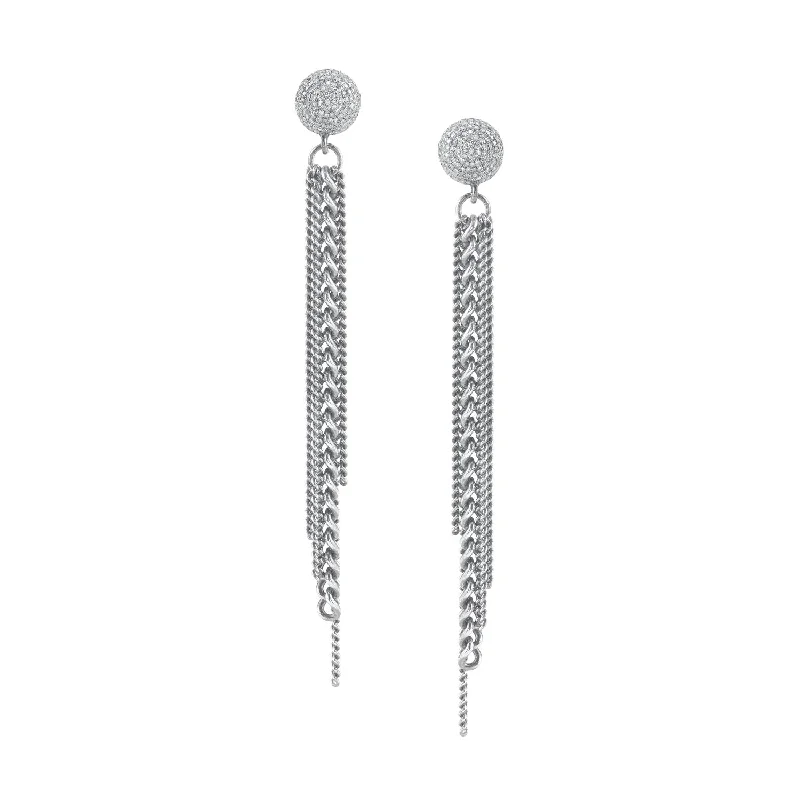 women’s gold hoop earrings-Silver Chain Fringe on Diamond Stud Earrings  E0000207