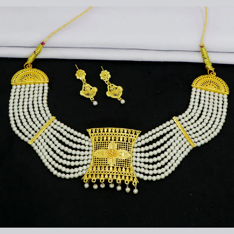 women’s contemporary necklaces-Mahavir Gold Plated Pearls Necklace Set