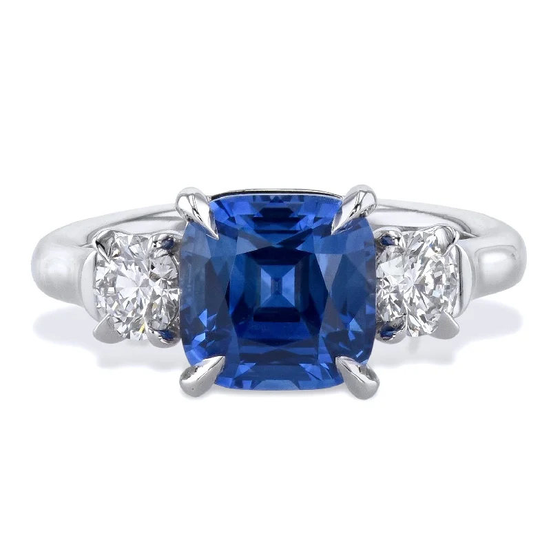 women’s engagement rings-Antique Cushion Cut Blue Sapphire Diamond Platinum Ring