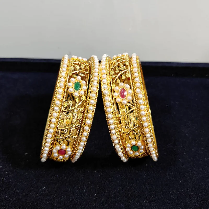 women’s matching bracelets-Pooja Bangles Gold Plated Crystal Stone And Pearls Bangles Set