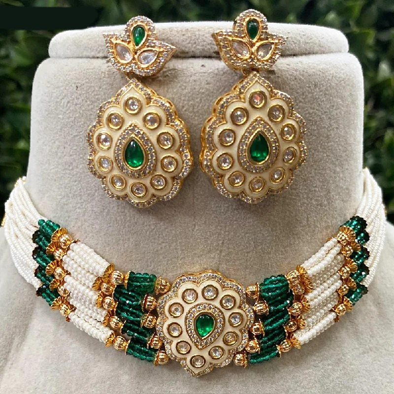 women’s classy necklaces-Royal Kundan Jewellery Gold Plated Pota Stone And Pearls Meenakari Choker Necklace Set