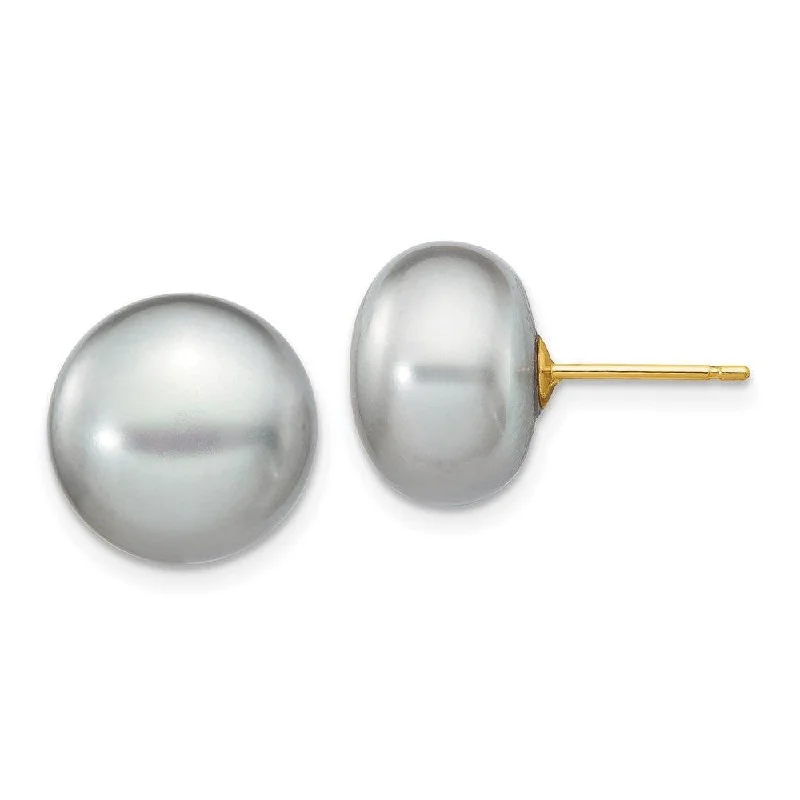 women’s silver stud earrings-14k 11-12mm Grey Button FW Cultured Pearl Stud Post Earrings