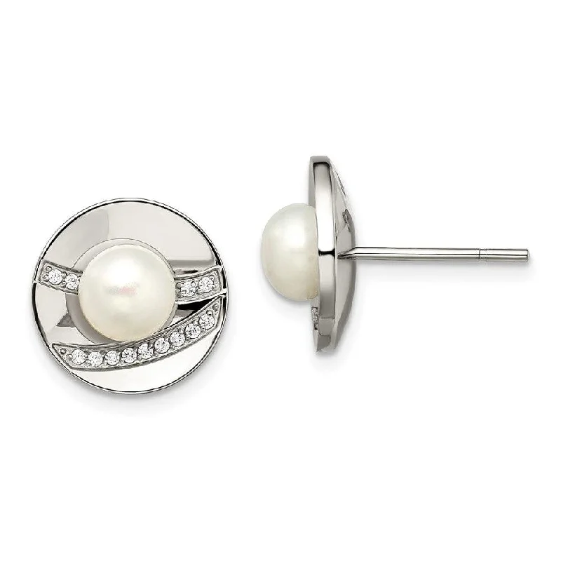 women’s pearl drop earrings-Stainless Steel Polished CZ and FWC Pearl Post Earrings