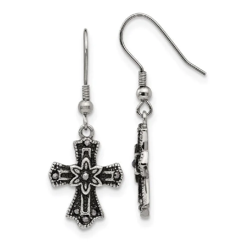 women’s unique earrings-Stainless Steel Antiqued Blk Crystal Cross Shepherds Hook Earrings