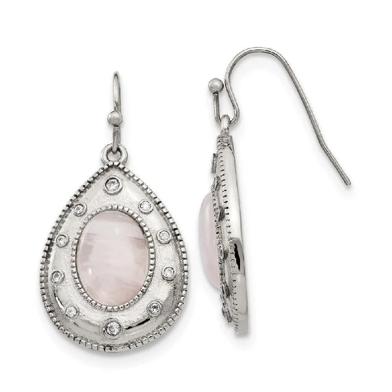 women’s trendy earrings-Stainless Steel Polished Rose Quartz and CZ Shepherd Hook Earrings