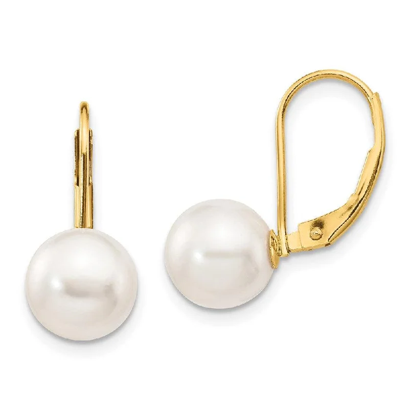 women’s crystal drop earrings-14k 8-9mm White Round Saltwater Akoya Cultured Pearl Leverback Earrings