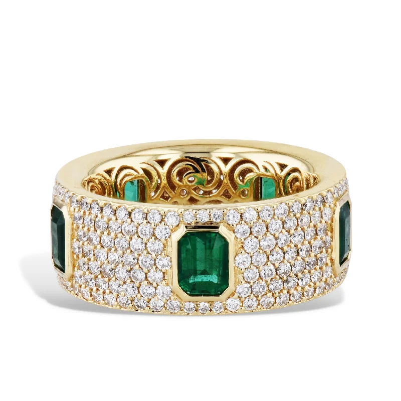 women’s vintage diamond rings-Emerald Cut Emeralds Diamond Pave 18K Yellow Gold Ring