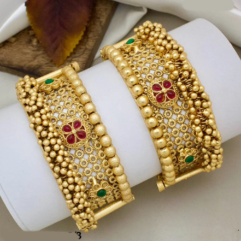 women’s handcrafted bracelets-JCM Gold Plated Pota Stone And Pearls Openable Bangles Set